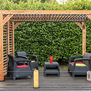 Pergola bioclimatique bois avec ventelles mobiles